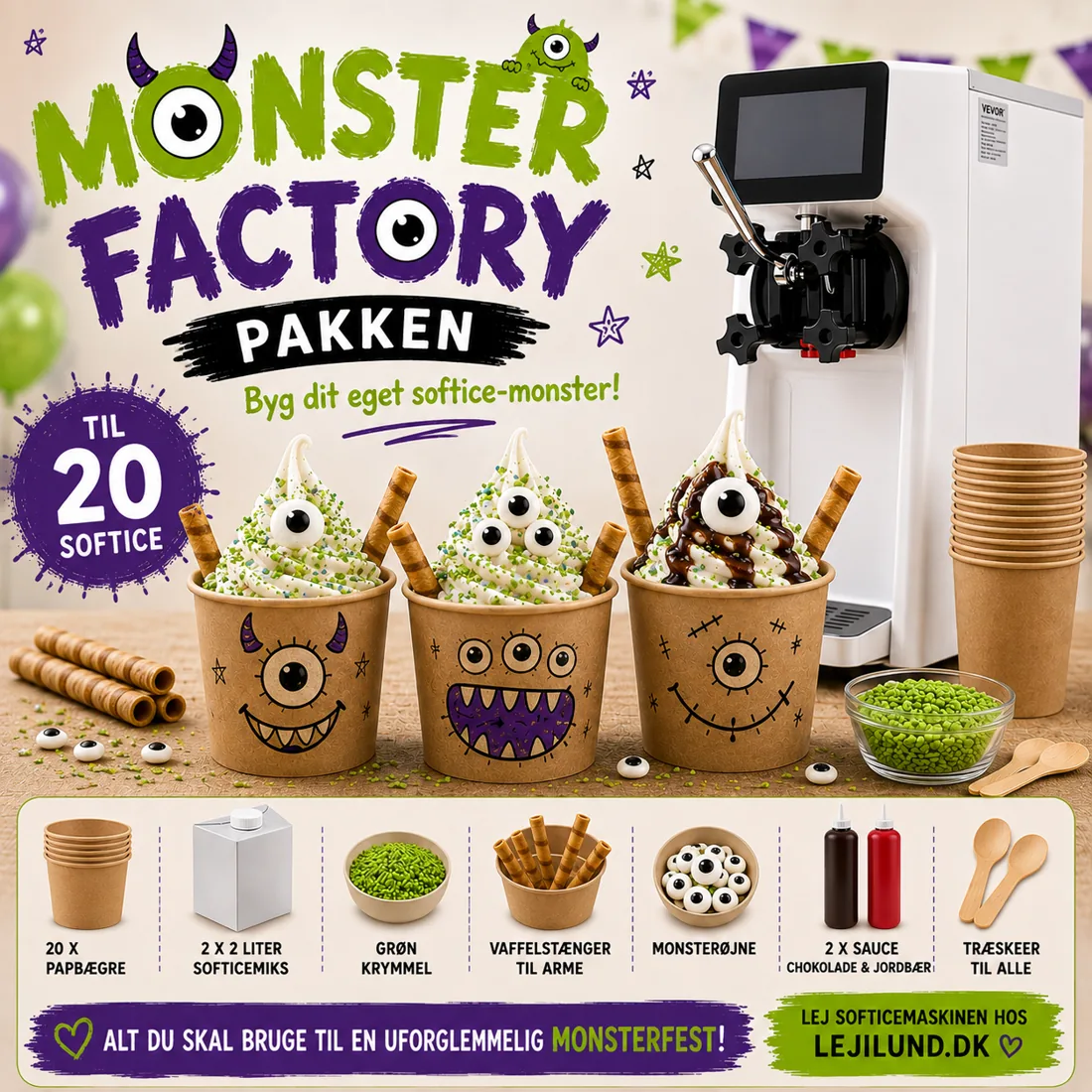 Monster Factory pakken – softice med grøn krymmel, monsterøjne og vaffelarme, til leje hos Lejilund i Horsens